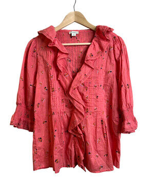 Sundance Catalog Floral Beatrice Ruffle Blouse Top Coral Pink Small Boho